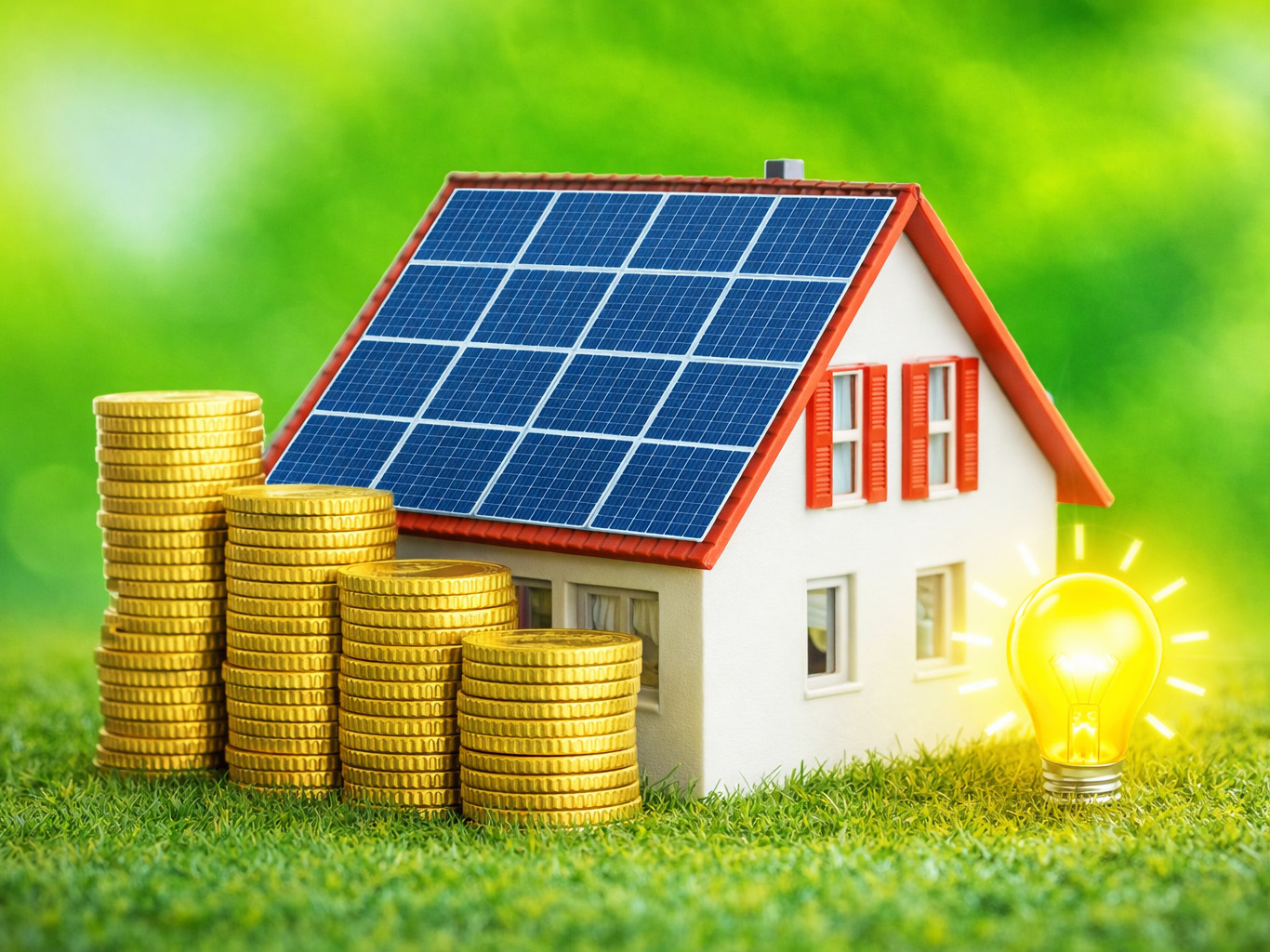 House with solar panels on roof, stacks of gold coins showing savings, and glowing lightbulb representing energy savings
